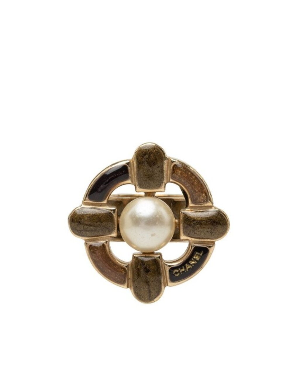 Chanel CC Logo Ring Gold Brown Plated Faux Pearl